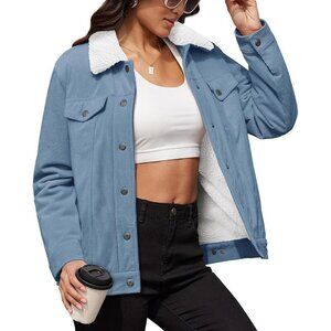 Women's Casual Blue Button Down Jacket Coat Fleece Lined Winter Warm Pockets